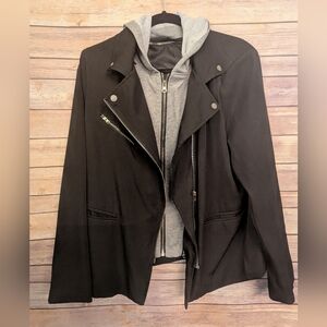 NWT Size Large Black Moto Jacket w/ Gray Hoodie Insert Layered Zip Up. A3